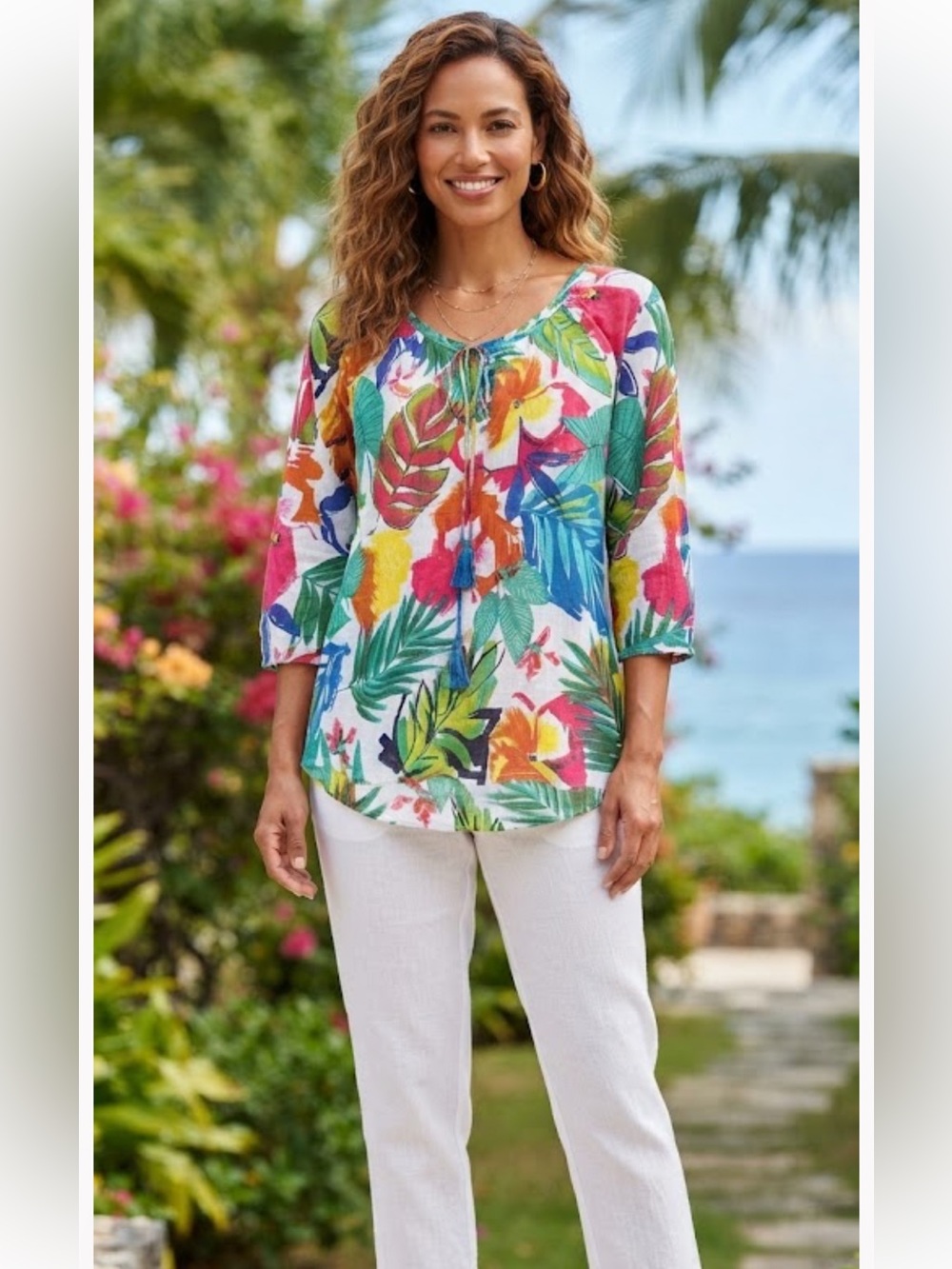 KikiSol Women's Tropical Floral Tie-Neck Tunic - Multicolor